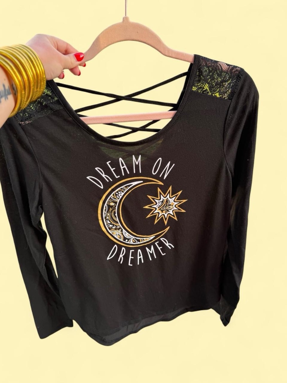 Dream On Dreamer Moon & Star Long Sleeve Top - Black with Gold Accent